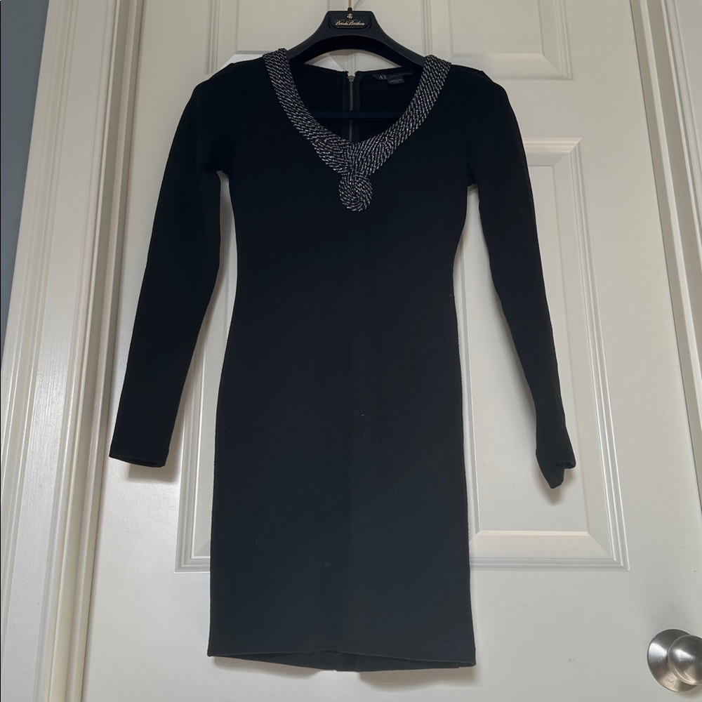 Armani Exchange Black Long Sleeve Dress with Beaded Silver-Tone Neckline